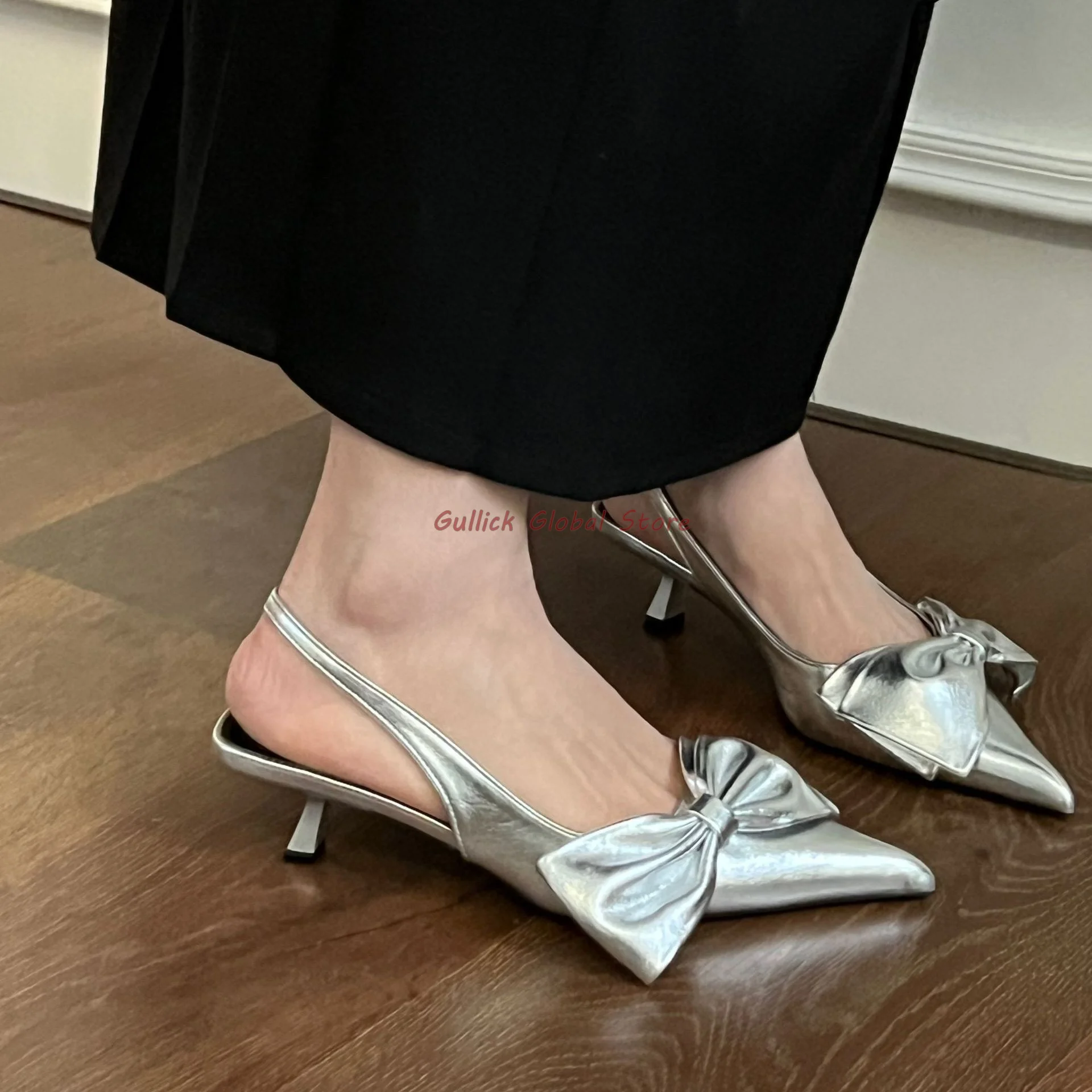 

2024 New Style Black Silver Pointed Toe Shallow Butterfly Knot Wrapped Toe Elastic Band Pumps Summer Dress Elegant Cheap Cosy