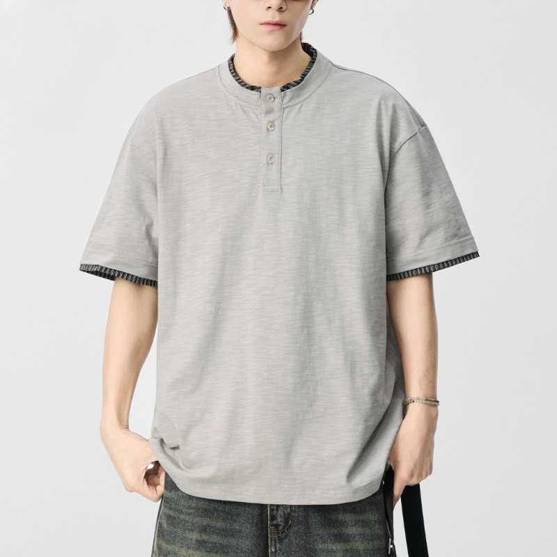 2026 Summer New Fake Two-piece Splicing Contrasting Color Short-sleeved Henry Collar T-shirt Loose and Casual