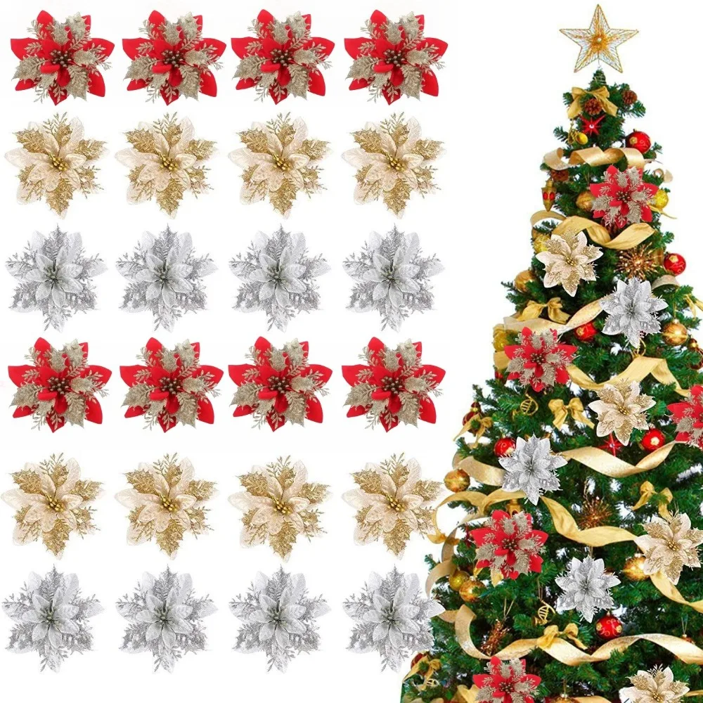 

10pcs 14cm Glitter Artifical Christmas Flowers for Xmas Tree Decoration Festive Party Table Fake Flowers Garland Ornaments Gift
