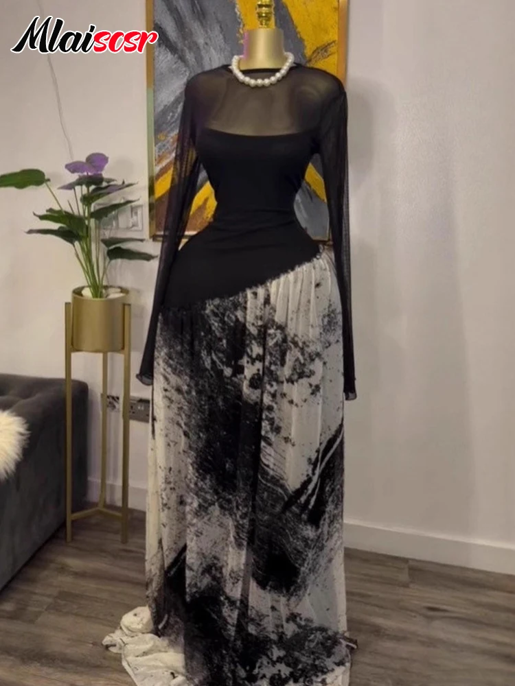 Mlaiscsr maille imprimé Patchwork femmes col rond a-ligne plissée robe Maxi élégante fête vacances soirée anniversaire mariage robes