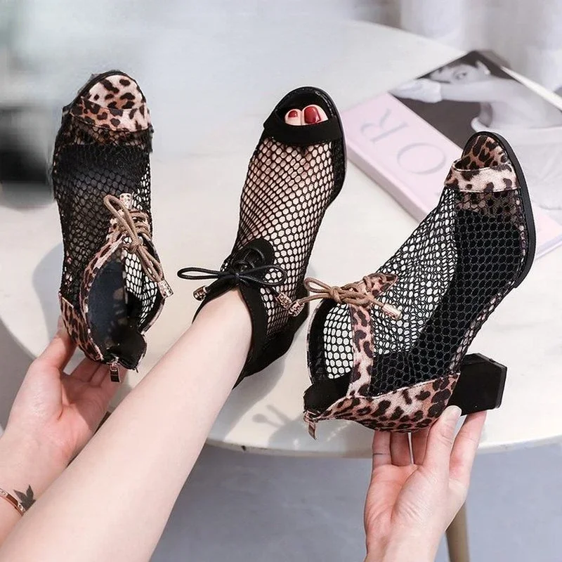 2025 New Fashion Ladies Sandals European and American Fashion Mesh Hollow High Heel Booties Thick Heel Leopard Print Fish Mouth