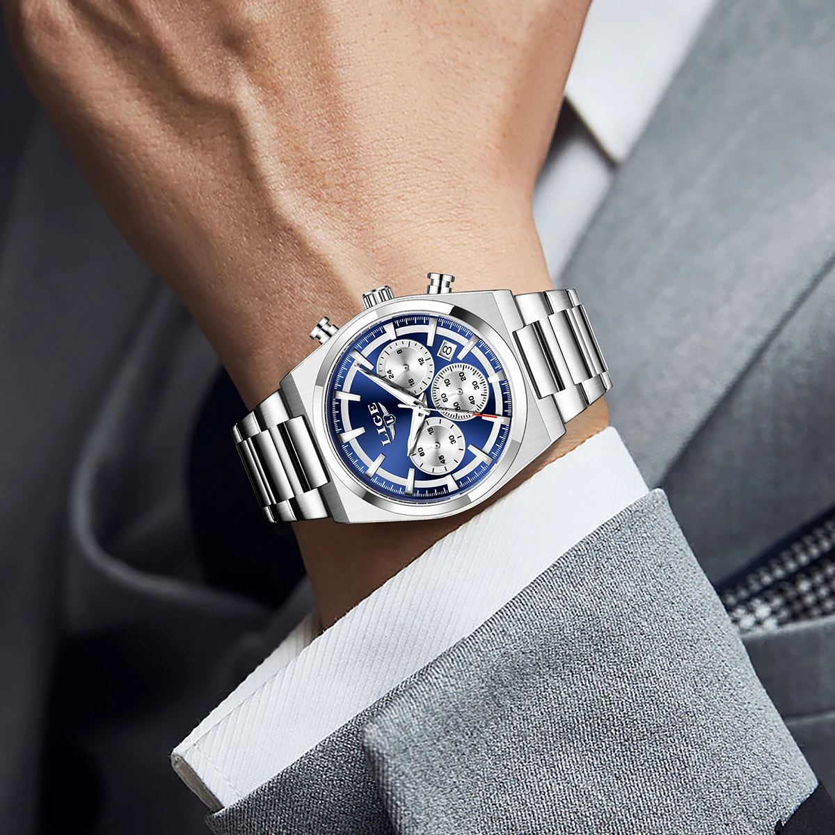 ใหม่ LIGE ควอตซ์ชายนาฬิกาสุภาพบุรุษธุรกิจสแตนเลสสตีล Auto วันที่นาฬิกากันน้ําสําหรับชายของขวัญกล่องสุ่ม