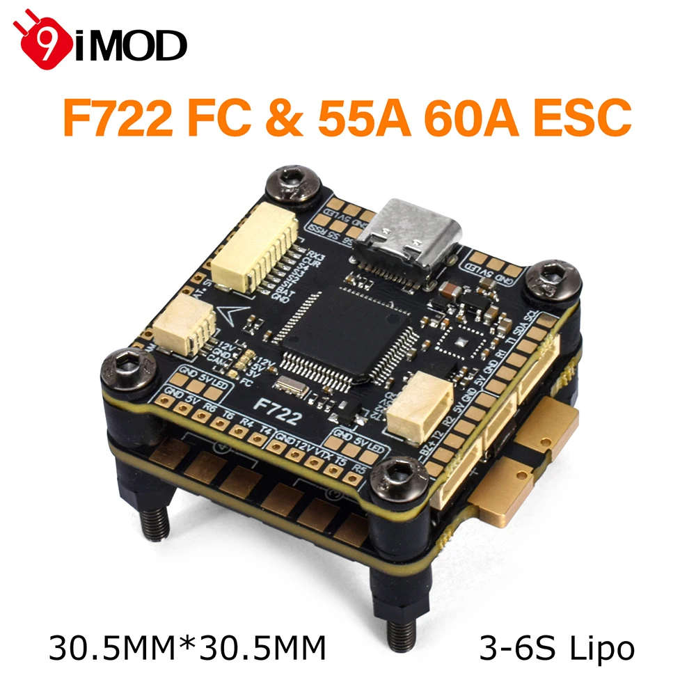 9IMOD F722 Flight Stack F722 Flight Control 55A/60A ESC 3-6S Lipo 30.5x30.5mm 2.4G Receiver For Remote Control FPV Racing Drone