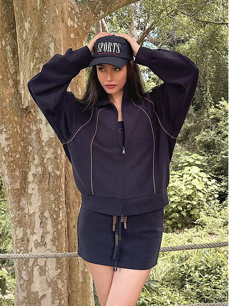 

Silky ort Skirt Dstring Drapey Double Waistline Zipper Jaet Top Set Blue Faionable Women's Clothing Cotton Fabric