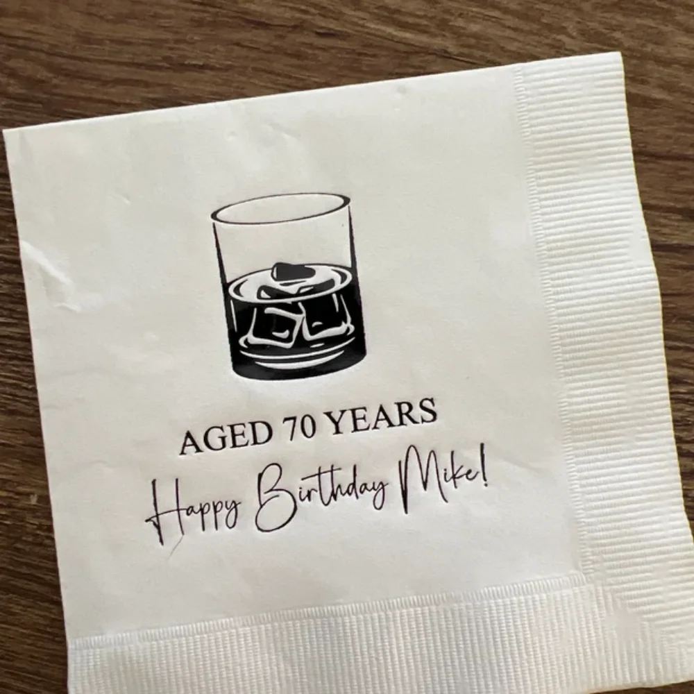 

50Pcs Personalized Napkins Aged Years Rocks Glass Bar Custom Printed Monogram Beverage Cocktail Luncheon Dinner Guest Towels