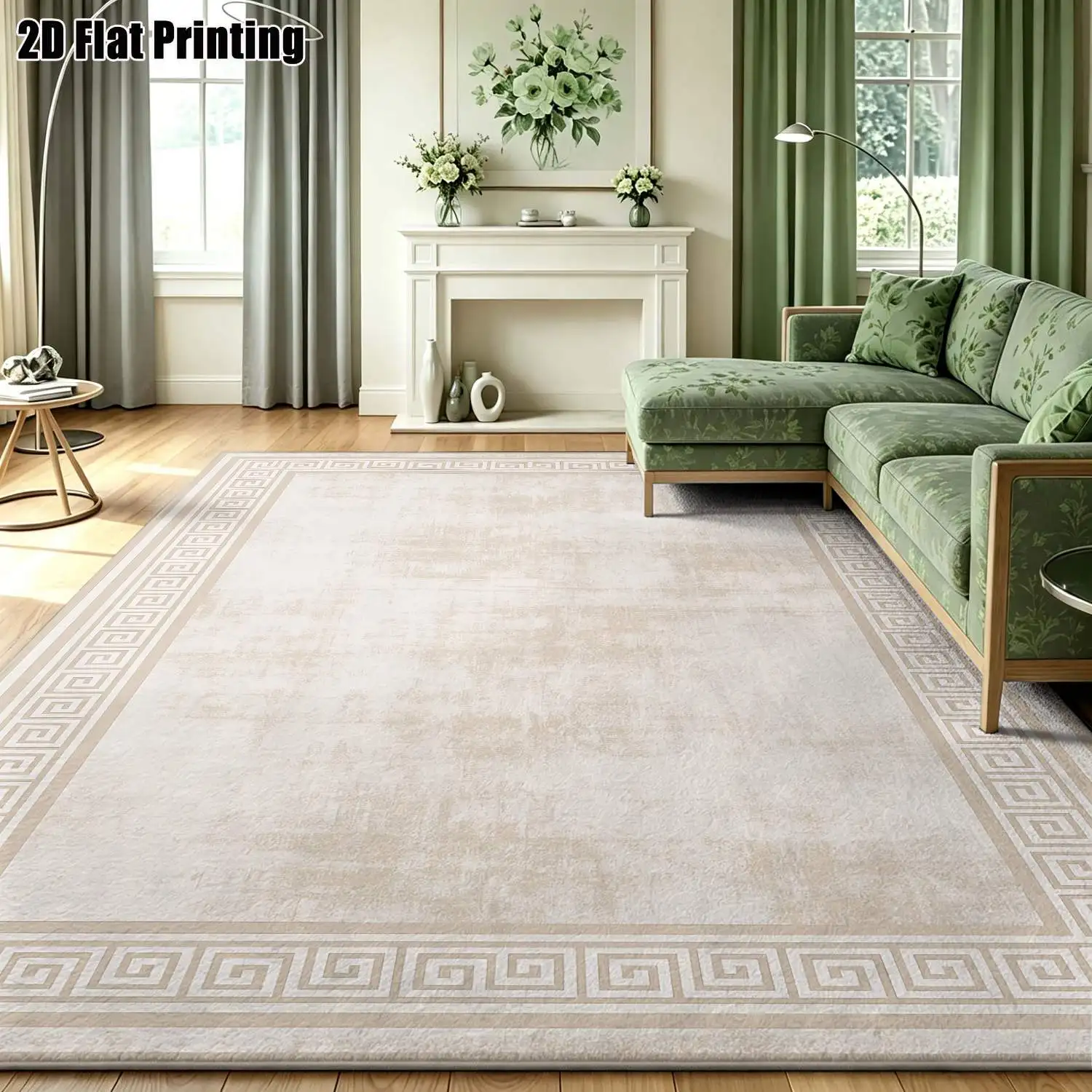 1Pc 2D Printed Beige Retro Geometric Border Carpet, European Style, Modern Minimalist, Home Decoration Carpet, Machine Washable, Multi-Size, for Entrance, Living Room, Bedroom, Dining Room, Foyer