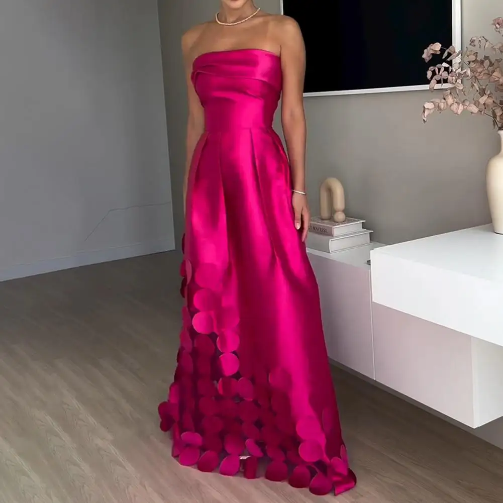 Evening Dress Hollow Out Round Satin Off-Shoulder Sleeveless Waist-Hugging Dress Summer Prom Wedding Party Female Maxi Dress