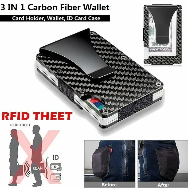 Cartera de fibra de carbono con bloqueo RFID, tarjetero de Metal, ultrafino, minimalista, para hombre, pequeño y delgado, con Clip para dinero