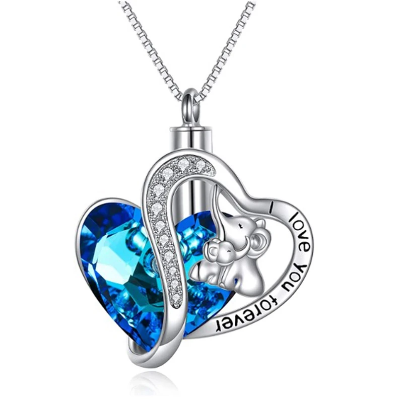 Cremation Urn Necklace For Ashes Elephant Double Heart Blue Crystal Pendant Ash Holder Memorial Necklace Fashion Gifts