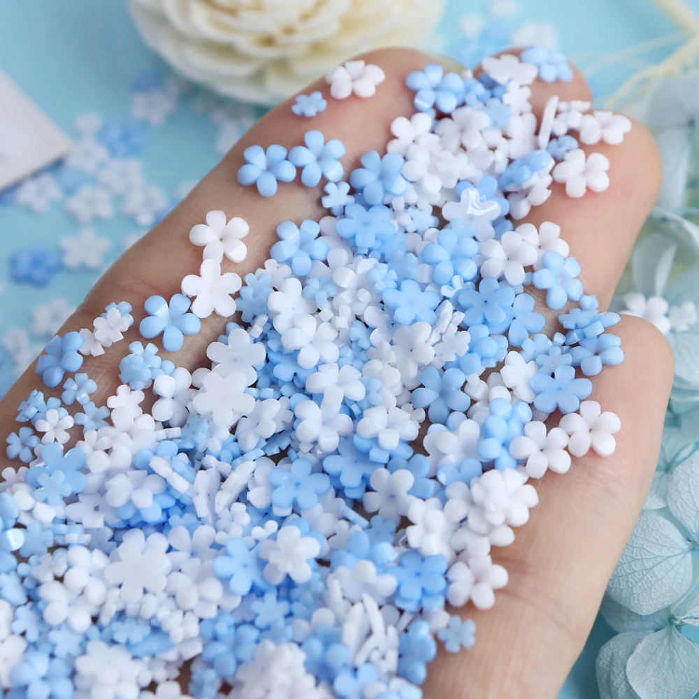 400pcs White Bule Acrylic Flower Resin Art Decoration Mix Resin Flower Mini Florets Charms Design Rhinestones DIY Crafts Making