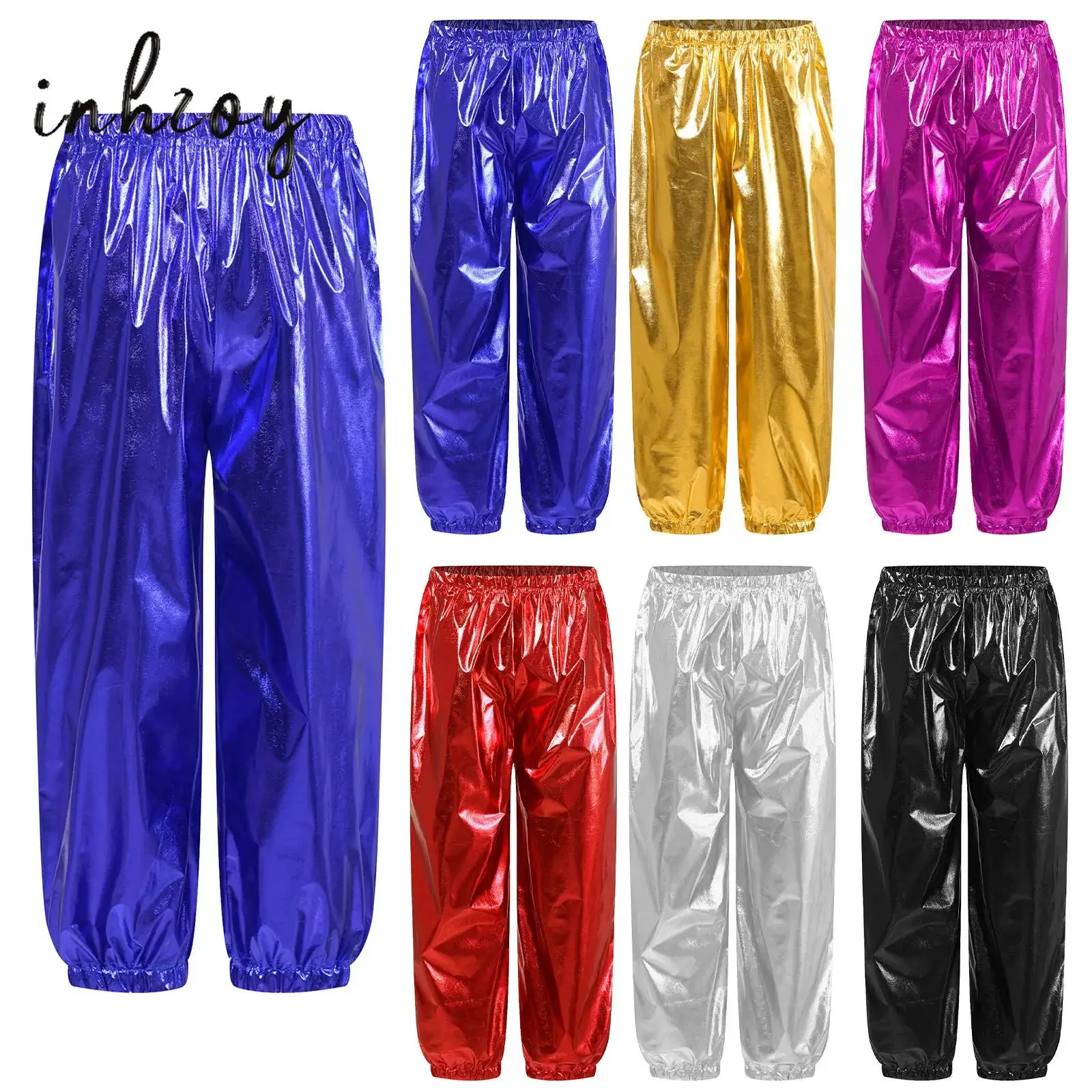 

Boys Girls Shiny Metallic Dance Pants Festival Party Pants Disco Loose Harem Trousers Modern Jazz Hip Hop Street Dancewear