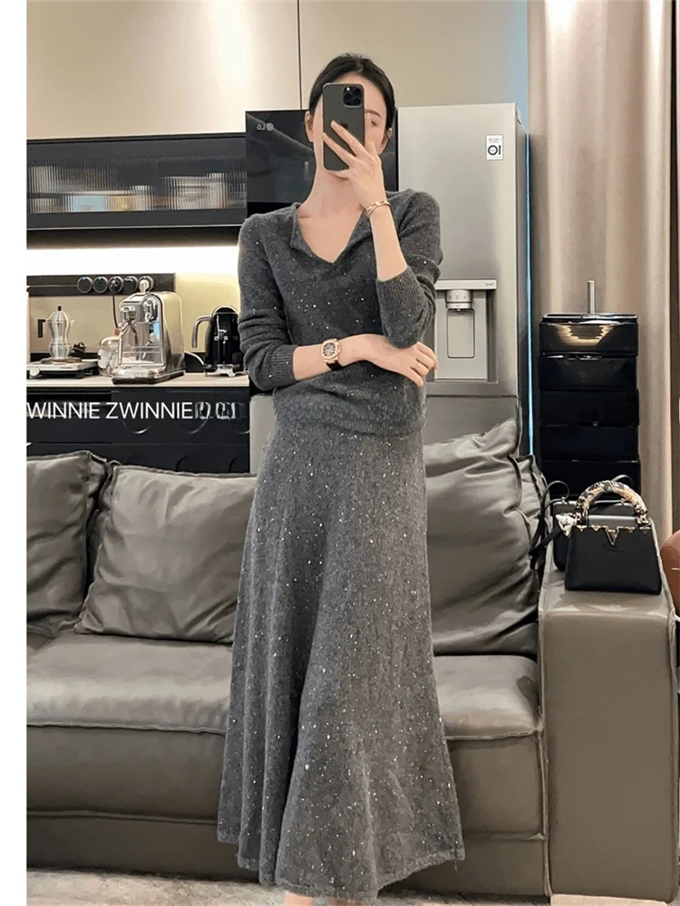 

Ele вязаный свитер и юбка для женщин, красивый уникальный модный осенний комплект, длинный свеч V Ne, комплект из двух предметов