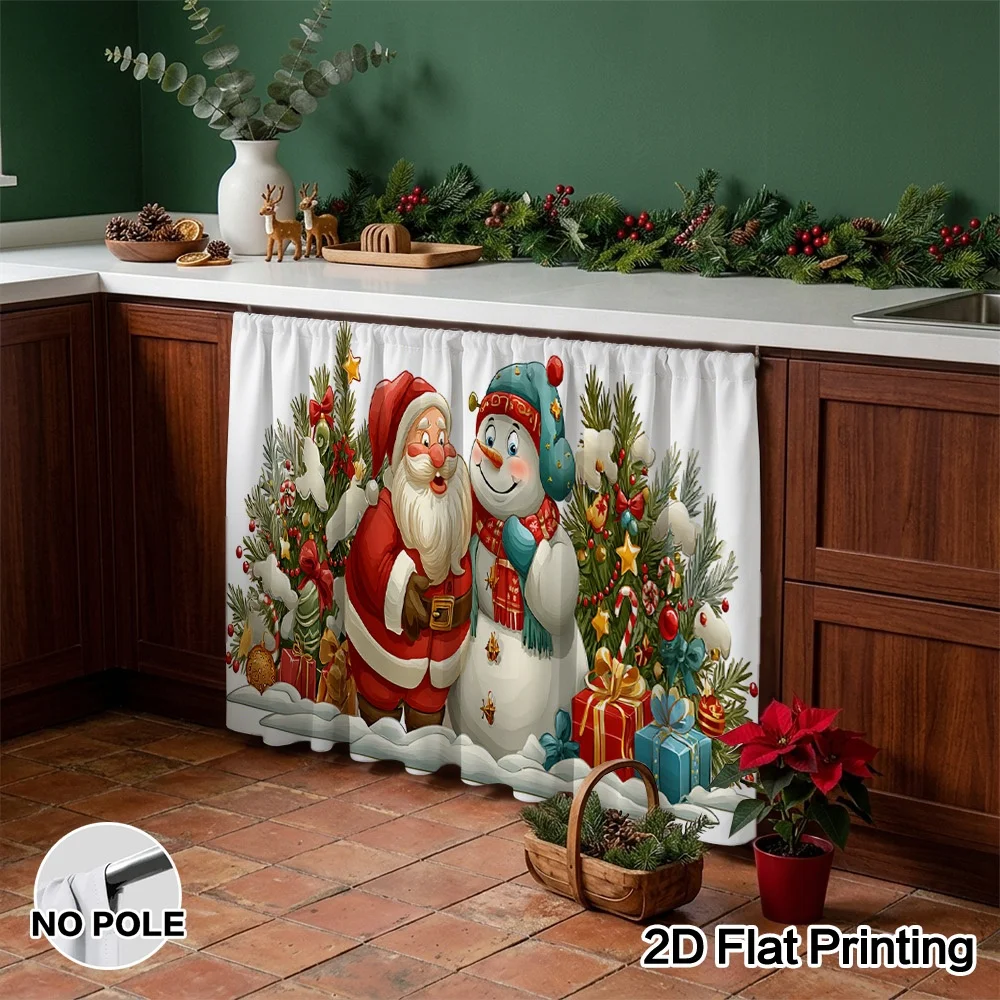 VIKAMA Santa Snowman Tree White Kitchen Cabinet Curtain Rod Pocket Window Valance Sink Skirt Tier Panel Christmas Decor