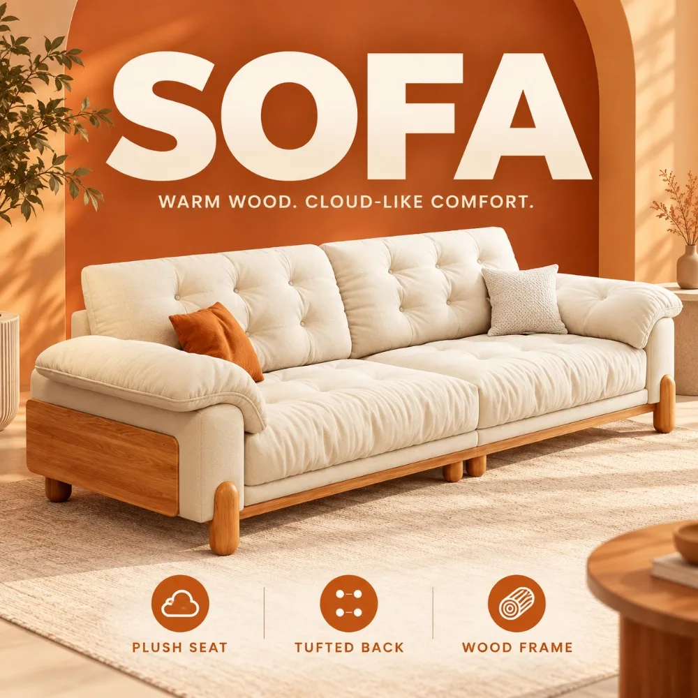 Nordic Wood‑Frame Cloud Sofa, Japanese Straight Row Removable Washable Cat‑Scratch Fabric Sofa for Living Room