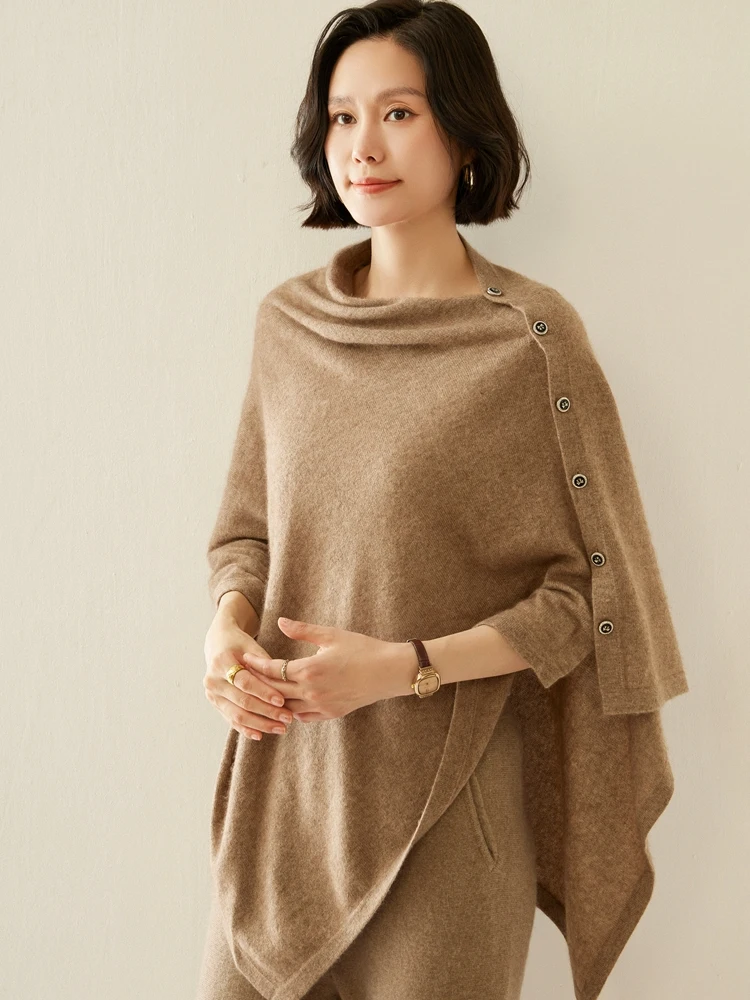 New High Quality Women's 100% Cashmere Knitted Cape Shawl Autumn Winter Button Cardigan Grace Loose Korean Wrap Warm Soft Scarf