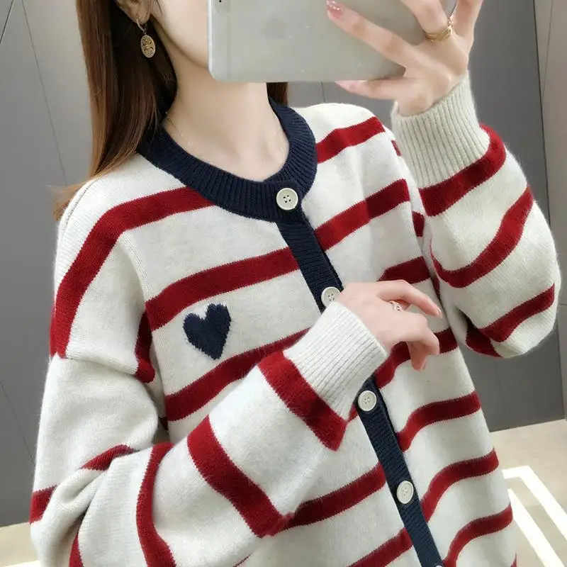 Striped color patchwork knit sweater for women cardigan loose outer wear autumn winter sweater jacket knitted