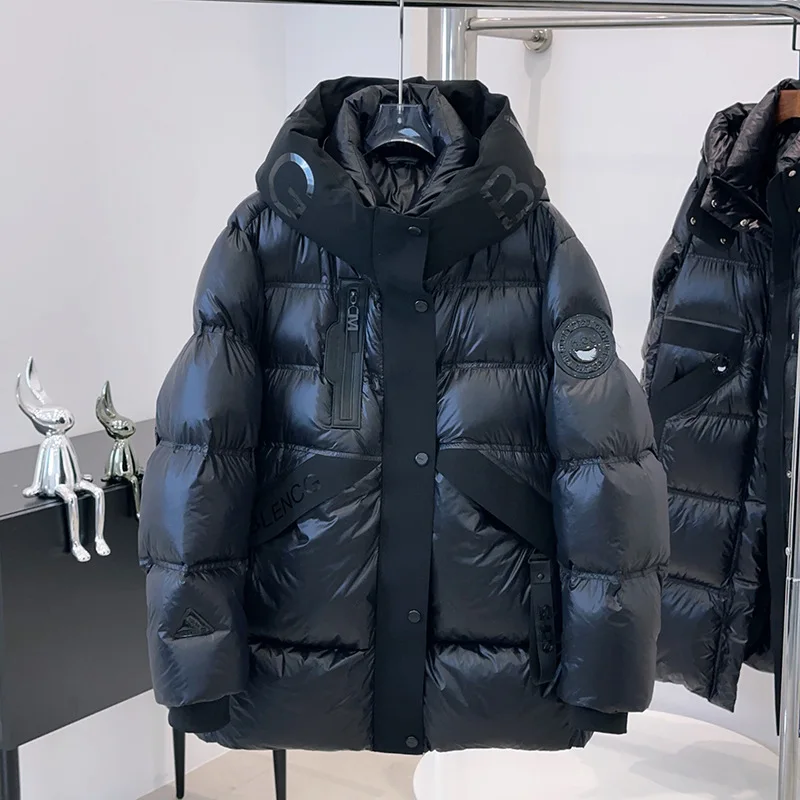 

Couple Men's and Women's Down Jacket Women's Short Thickened White Duck Down Hooded Black Glossy Bread Jacket