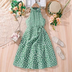 Summer Dress For Children Green Dots Sleeveless Dress Cute Girls Birthday Party Daily Casual Dress Kids Floral Skirt Age 8-12 Ys