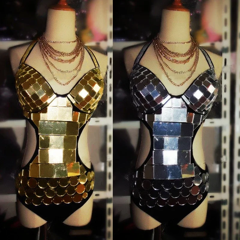 Trajes de espejo, mono de lentejuelas doradas y plateadas para mujer, ropa de bailarina Gogo, traje Rave, ropa de Festival, tela de baile en barra para escenario XS4724