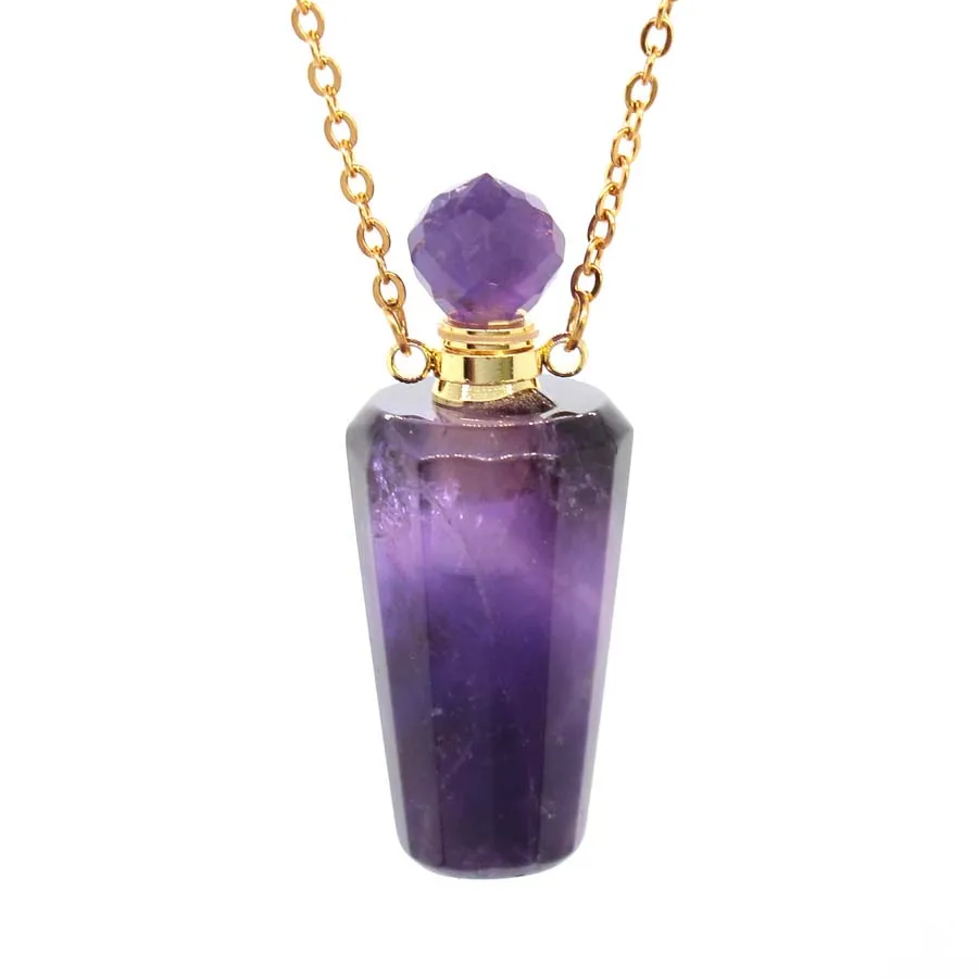 Charms Natural Healing Crystal Stone Perfume Bottle Diffuser Pendant Necklace For Women Amethyst Rose Quartz Choice Men Jewelry
