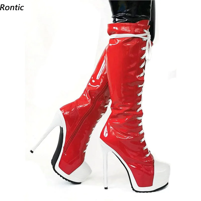 

Rontic Women Winter Platform Shiny Knee Boots Stiletto High Heels Round Toe Pretty Red Outffiting Shoes Ladies US Size 5-20