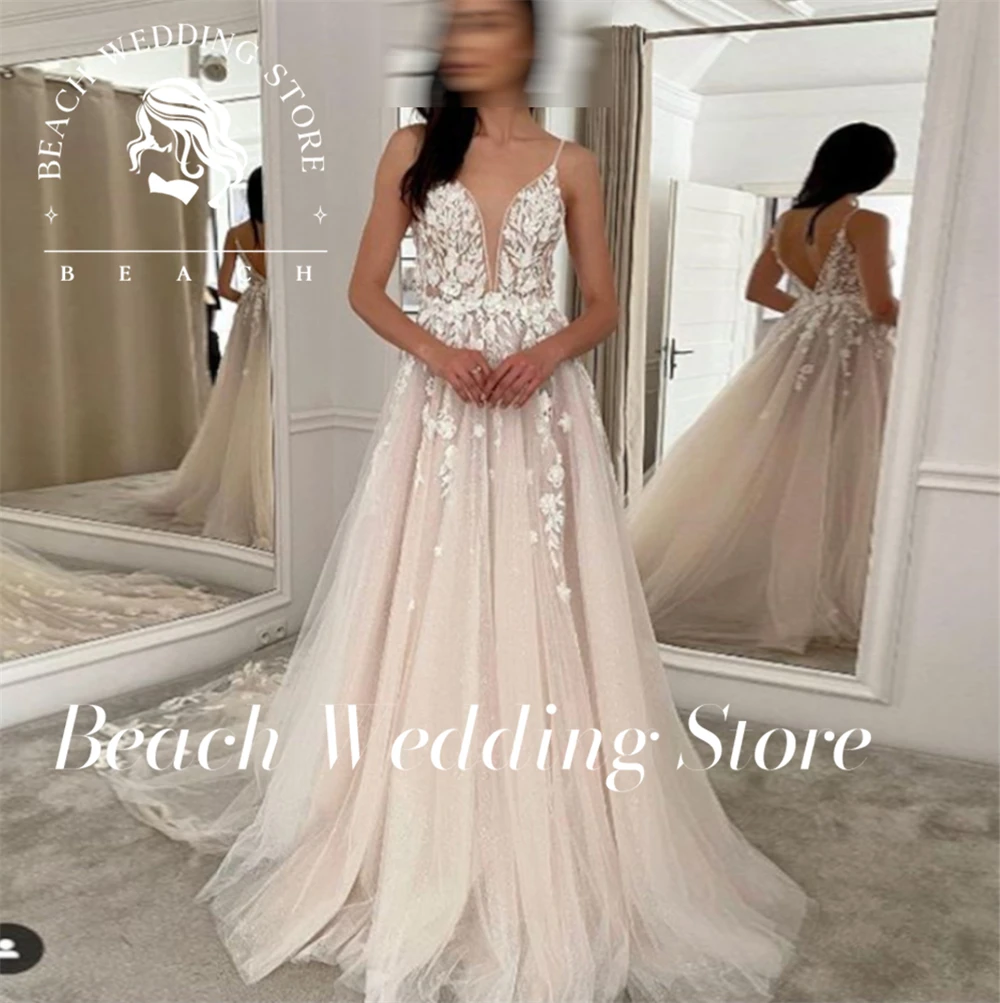 Praia personalizado cinta de espaguete profundo decote em v vestido de casamento para noiva rendas apliques brilhante tule sem costas lindos vestidos de noiva