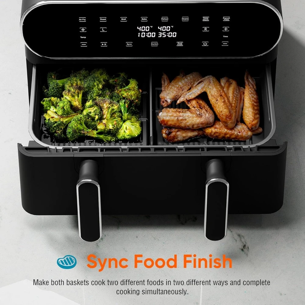 Friteuse à air XL avec panier Sync der, 8 en 1, 11 QT, pour friture d'air, rôtir, faire griller, cuire, réchauffer, déshydrater, garder au chaud