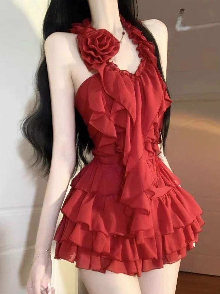 Lolita Sweet Sexy 2 Piece Skirt Sets Y2k 2000s Slim Sleeveless Tops + Kawaii Cake Mini Skirts Evening Party Vintage Suits Chic