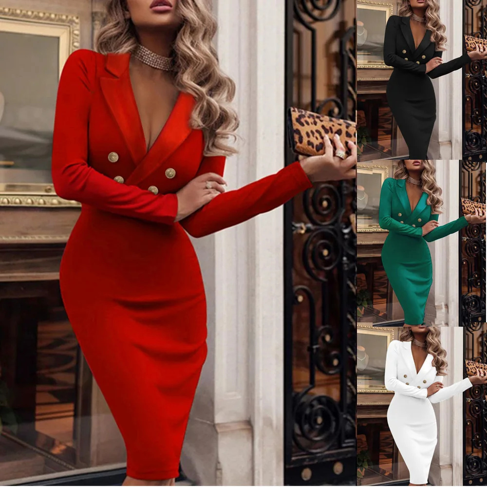 Lady Cloth New Women's Fashion Turn-down Necklace Long-sleeve Smart Fit Body Clothes Women's Formal Evening Gowns Elegant Bandag