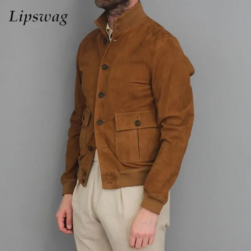 Classic Solid Color Suede Jacket Men Autumn New Casual Button-up Lapel Jackets Vintage Mens Slim Multi Pockets Cargo Jackets