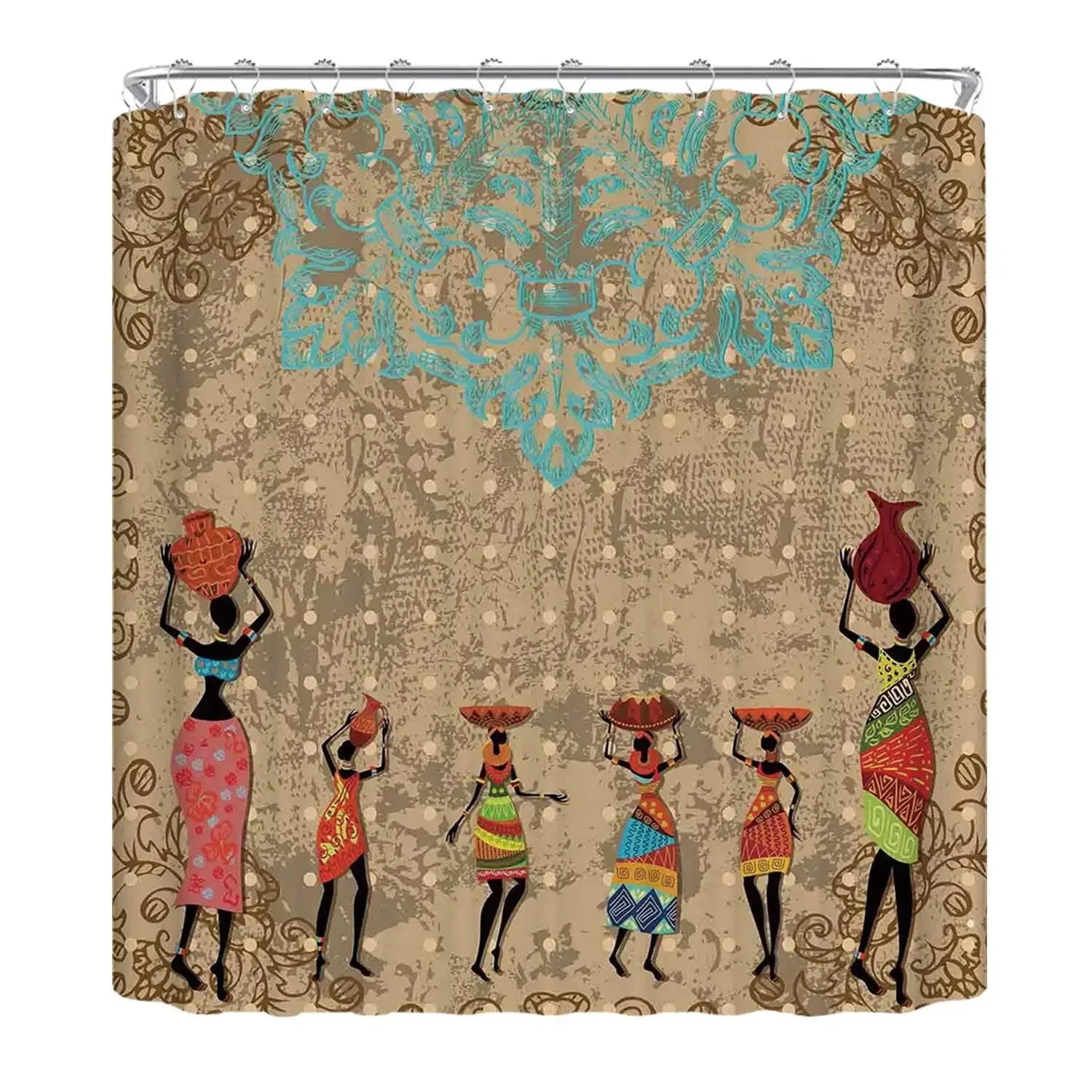 Vintage Girls with Pots on The Head on Folkloric Boho Background Illustration Utility Shower Curtain