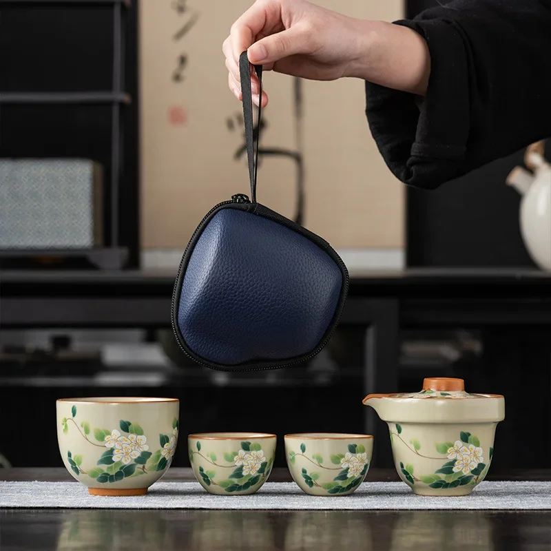 Chinese Ceramic One Pot Three Cups Hand-caught Teapot Quick Cup Outdoor Portable High-end Hand-painted Flower Teacup Tea Set