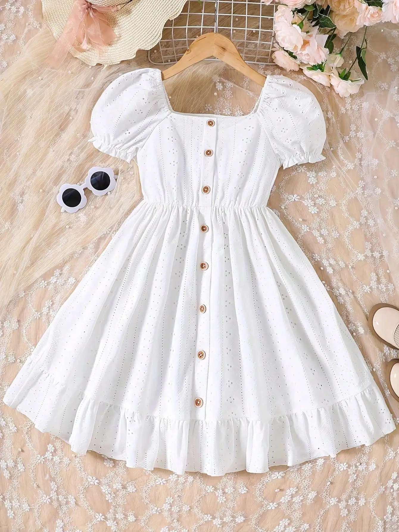 Girls' Sweet Knitted Summer Dress Elegant Hollow Jacquard Bubble Sleeves Ruffle Hem Casual Button Front White Dress