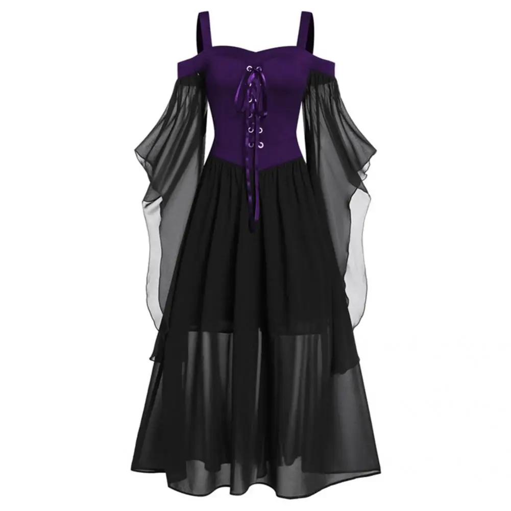 Винтажное платье на Хэллоуин, женское Сетчатое лоскутное мягкое платье с открытыми плечами и рукавом-бабочкой, маскарадное платье с широким подолом