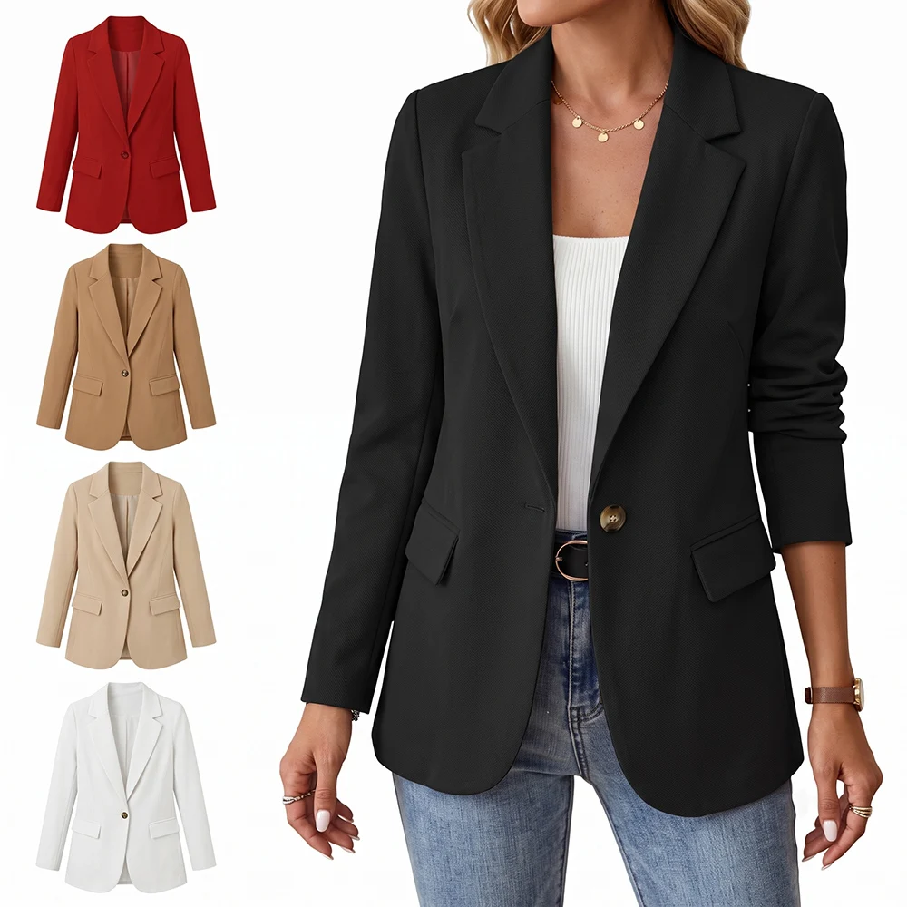 Women Casual Blazer Single Button Lapel Long Sleeve Office Business Suit Jacket Solid Color Pocket Workwear Outerwear