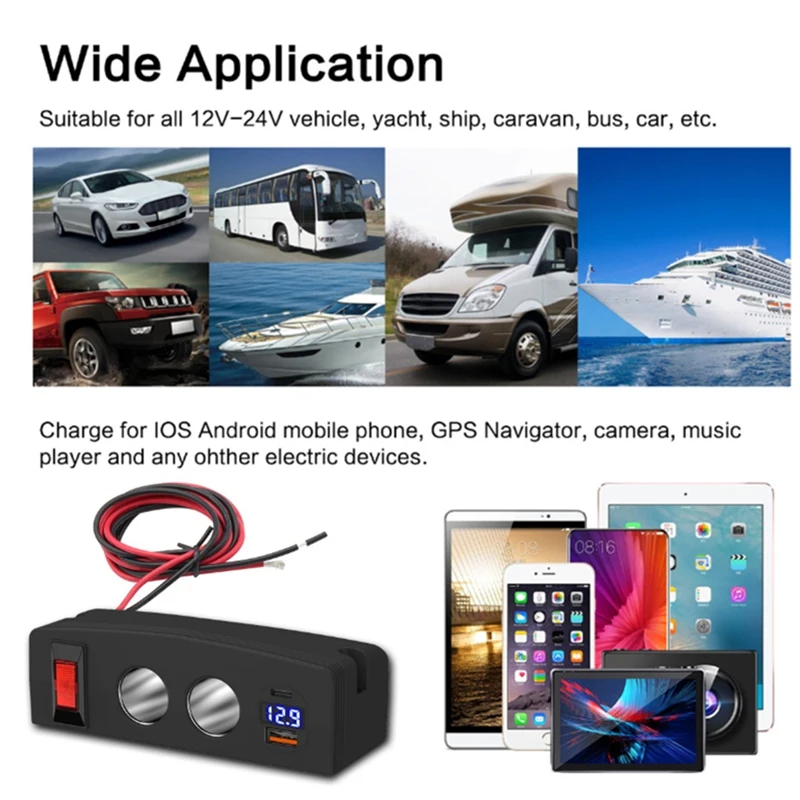 PD+QC3.0 Dual USB Socket Charger Lighter Splitter Adapter with LED Voltmeter Switch for Car Truck Marine Boat-ELEC
