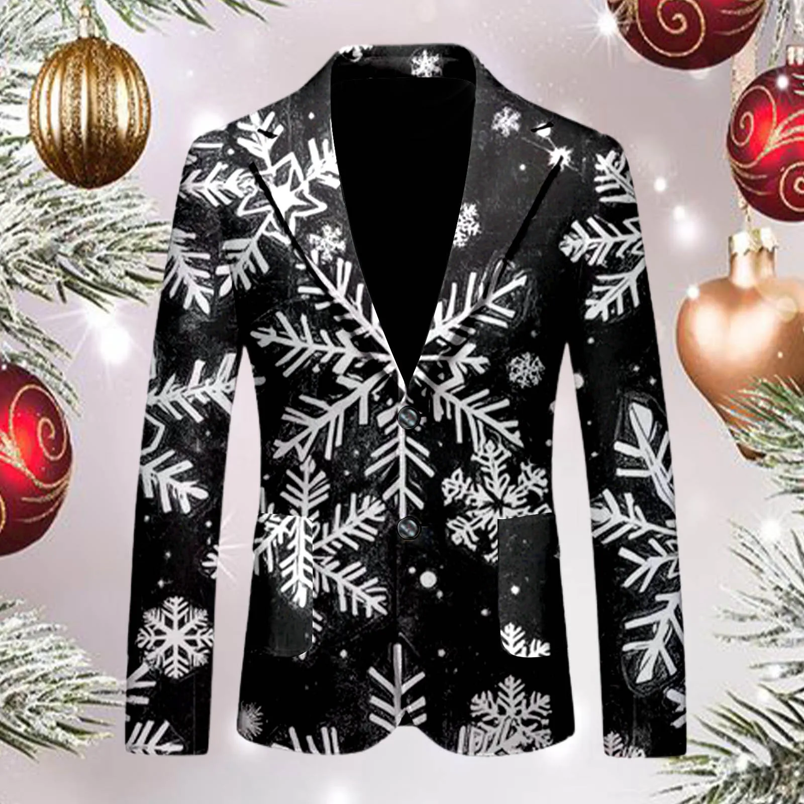 Men\'s Christmas Snowflake Elk Print Blazer Jackets With Pocket Elegant Slim One Button Suit Coat Plus Size Party Outwears