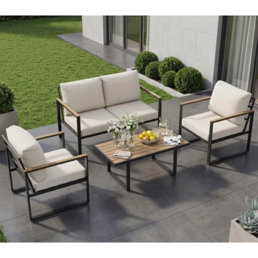 4-Piece Patio Furniture Set for Outdoor Use, Polywood Material, Gray Finish, Weather-Resistant and Low-Maintenance