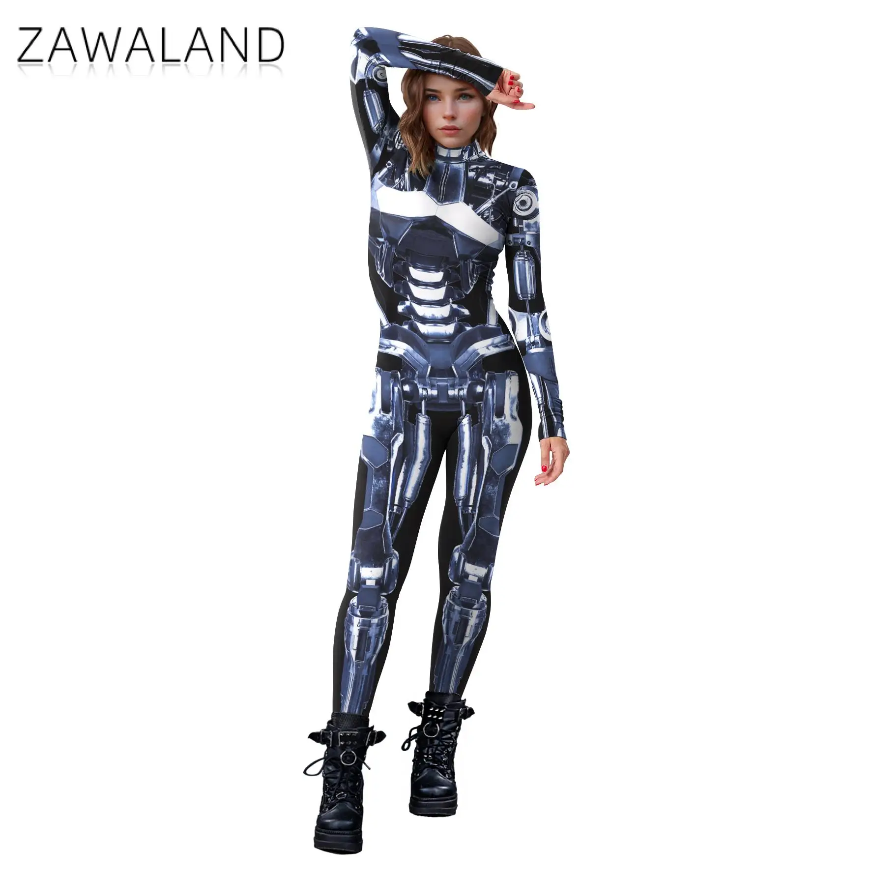 Zawaland disfraz con estampado de esqueleto mecánico para mujer, mono Punk de Halloween, mono de fiesta Zentai, ropa de fiesta de Festival de Cosplay