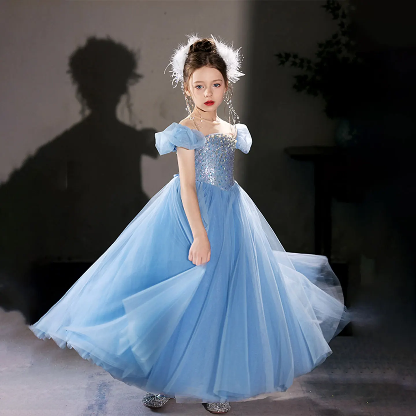 Blue Princess Flower Girl Dresses for Wedding Sequins Ankle Length Short Sleeve Girl Kids Birthday Party First Communion Gowns