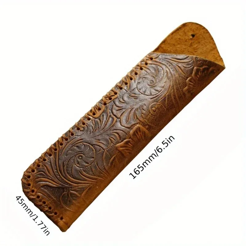 Genuine Leather Vintage Handcrafted Pen Pouch First Layer Cowhide Embossed Floral Pattern Outdoor Creative Protective Case Gift