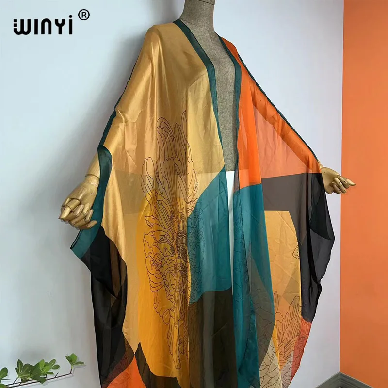 WINYI-capas impressas boêmias do biquíni, vestido elegante, cardigã novo do partido, perspectiva, magro, solto, feriado, luva do batwing, KIMONO