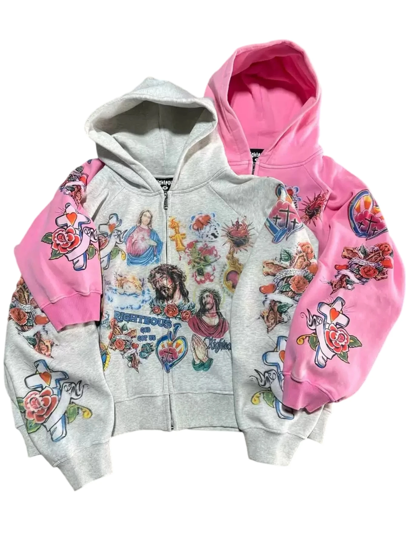

Толстовки на молнии с рисунком Иисуса для женщин Y2K, милые розовые осенние куртки, уличные куртки-бомберы в стиле хип-хоп для мужчин