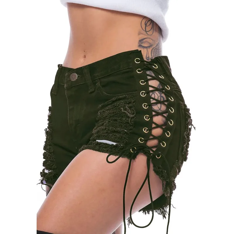 Sexy Women's Jeans Fashion Casual Side Lace-Up Denim Shorts Sexy Hot Denim Short pants Club dance Ripped short jeans