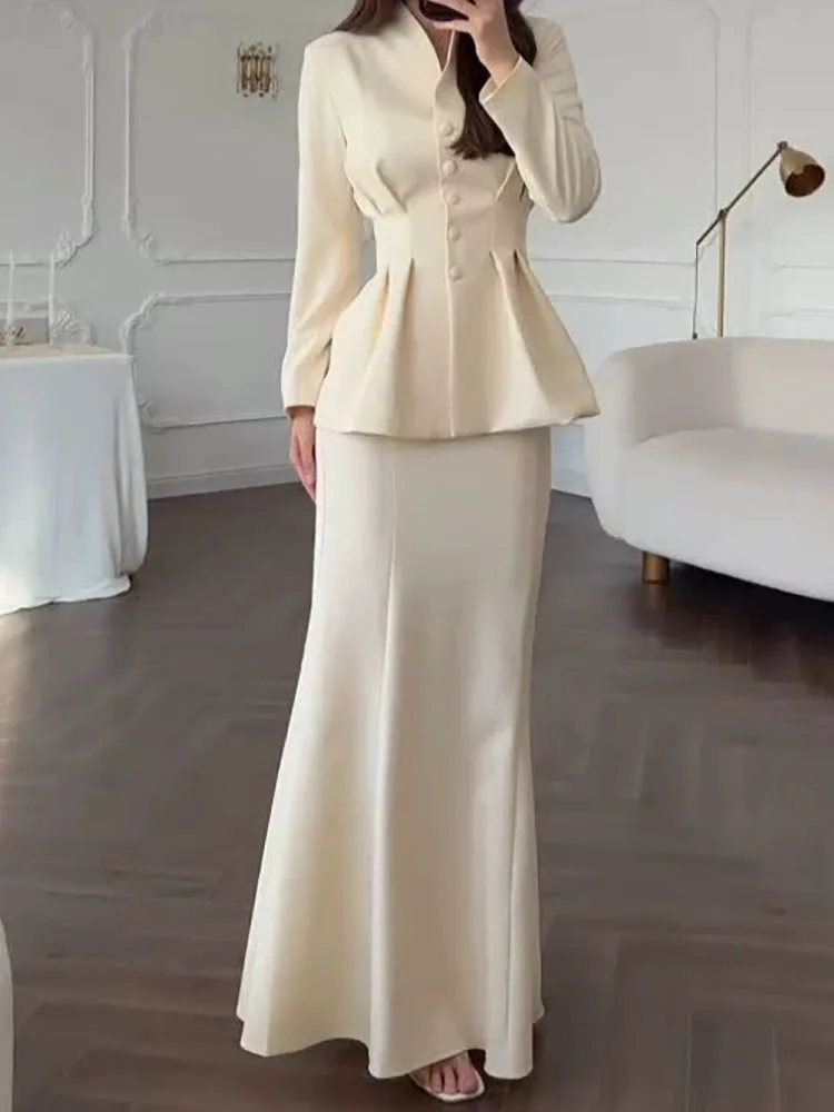 Casual High Waist Skirts Sets Elegant Vintage Solid Slim Commute Outfits Temperament V-neck Button Pleat Blazer&Half Skirts Sets