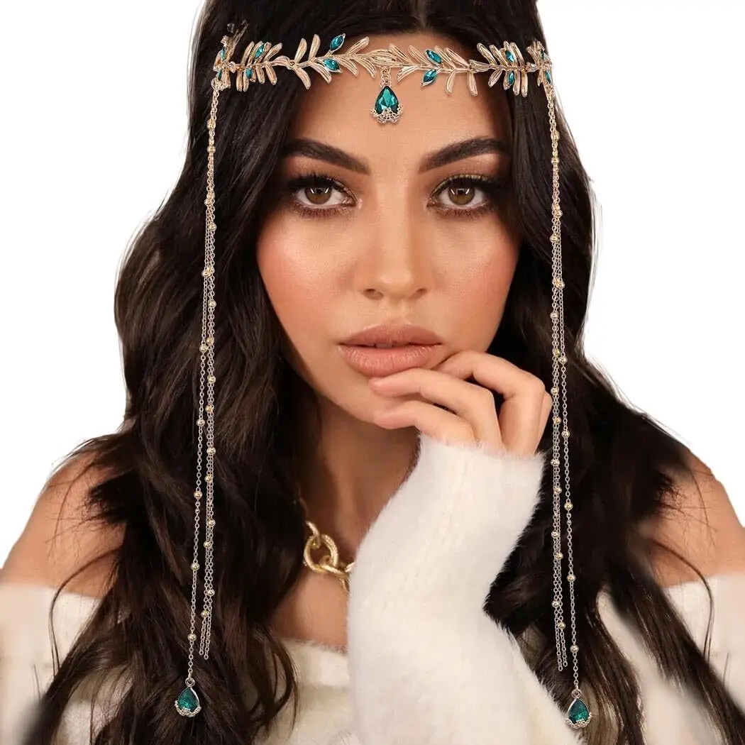 Indian Boho Bridal Headdress Fashion Golded Alloy Leaf Green Crystal Long Chain Tassel Head Chain Women's Forehead Jewelry