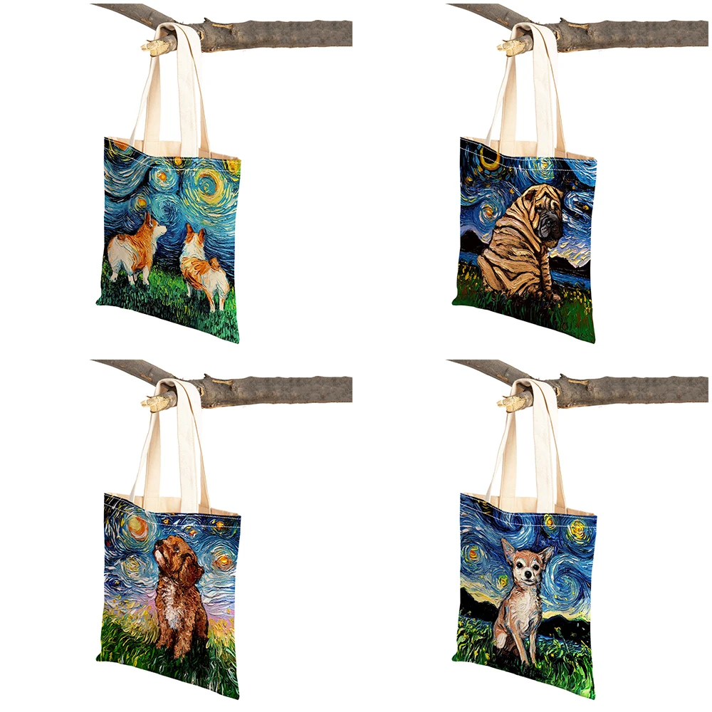 Bolsas de compras para perros y mascotas con cielo estrellado de dibujos animados, regalo para niños, bolso de compras de lona reutilizable con doble estampado para chica, bolso de mano para mujer