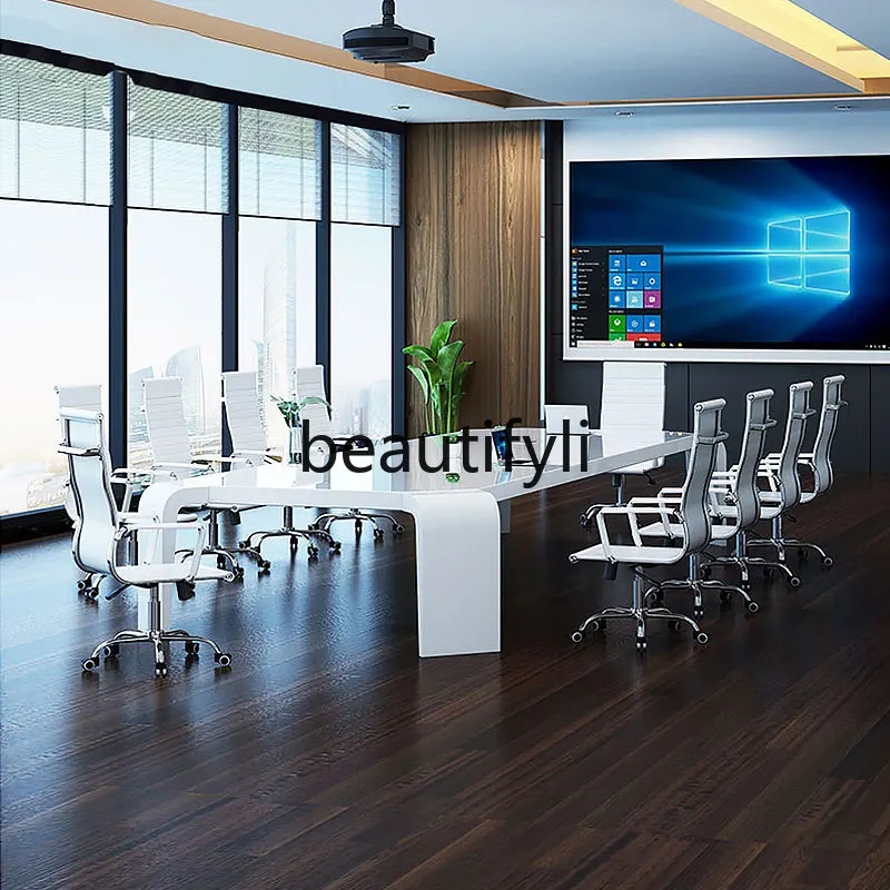 

White paint conference long table simple modern office table and chair combination negotiation strip reception table