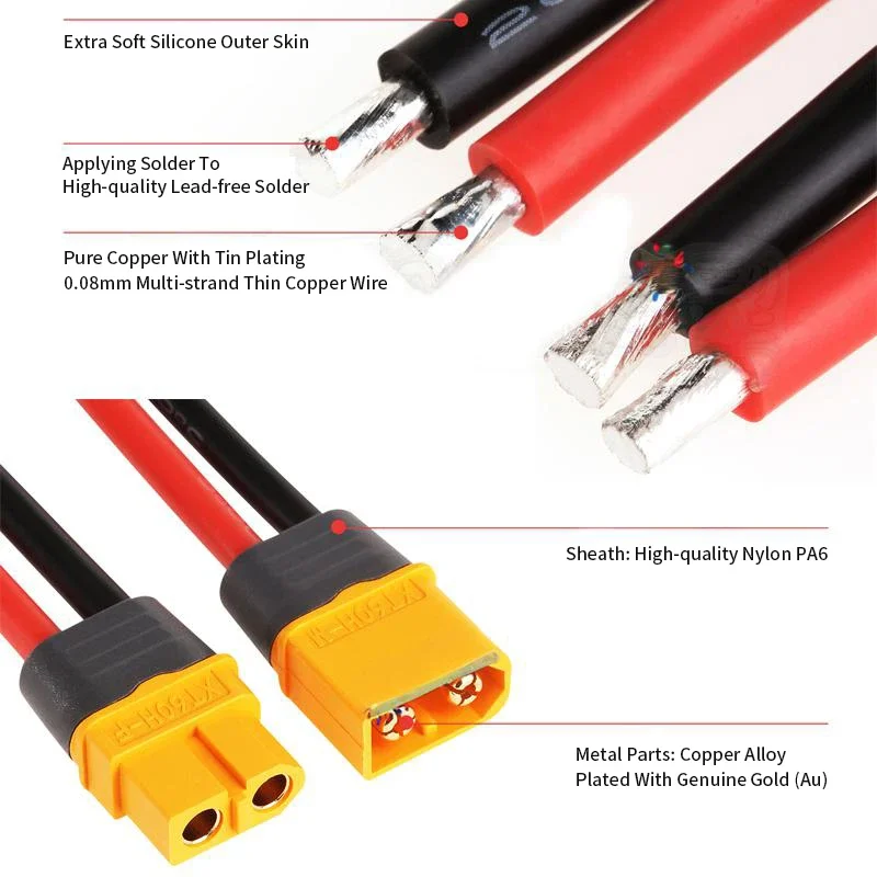 XT60H Male Female Plug with Wire Lithium Battery Charging Connecting Extension Cable 10AWG 12AWG 14AWG Transfer Silicone Cable