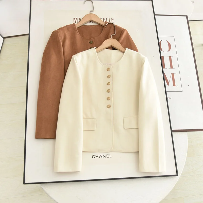 

Ele ort Suede Jaet Women's Slimming Faionable Versatile Autumn 2025 round Ne Straight Cut Other Material Top